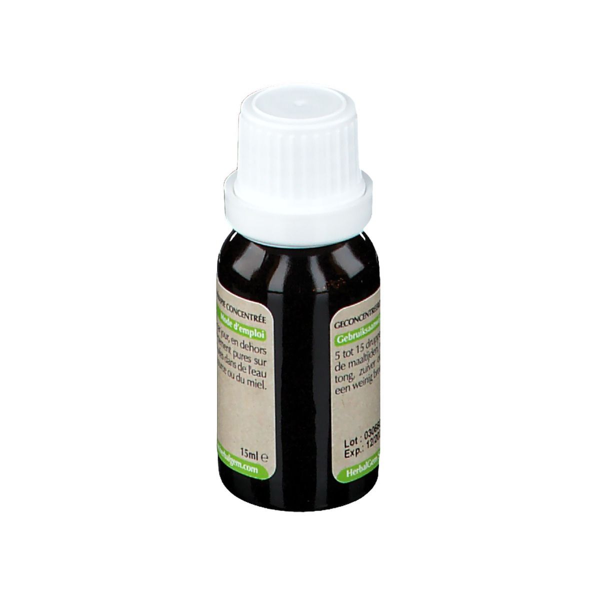 Bruine glazen fles met witte dop. Etiket met tekst en logo. Dosering.