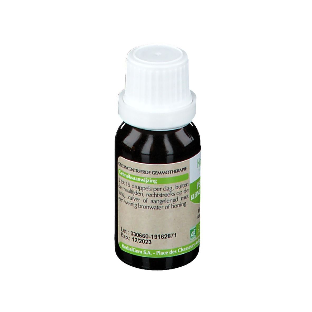 Bruine glazen fles met witte dop. Etiket met tekst en logo. Dosering en vervaldatum.