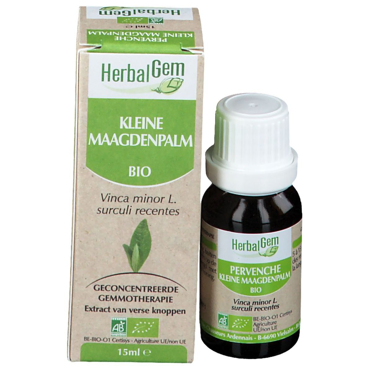 Bruine glazen fles en doos. Doos met tekst, logo en bio-certificering. Fles met witte dop.