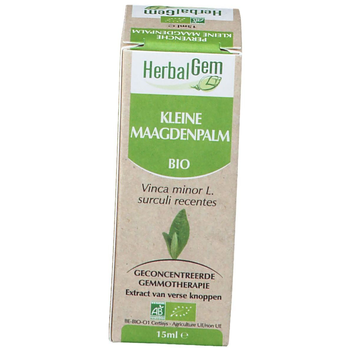 Doos met tekst, logo en bio-certificering. 15ml. Geconcentreerde gemmotherapie.