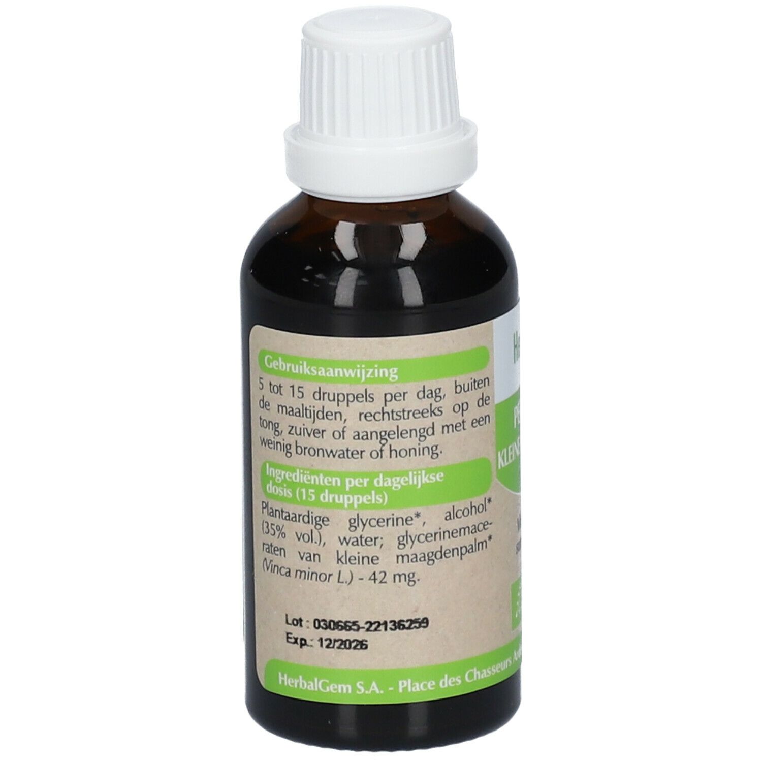 Flacon en verre brun avec bouchon blanc. Étiquette avec ingrédients et posologie. HerbalGem Pervenche Bio.