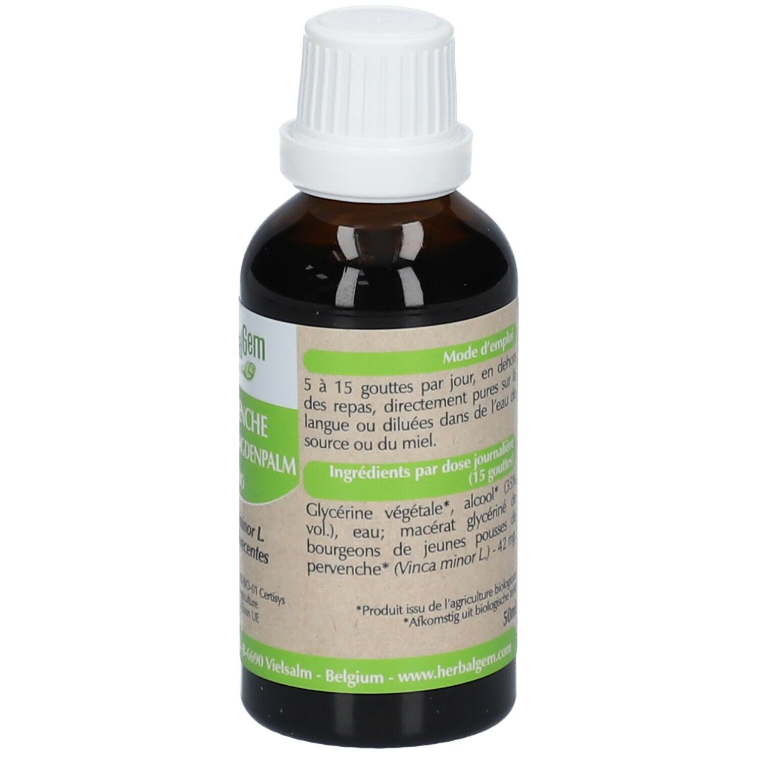 Flacon en verre brun avec bouchon blanc. Étiquette avec instructions de dosage. HerbalGem Pervenche Bio.