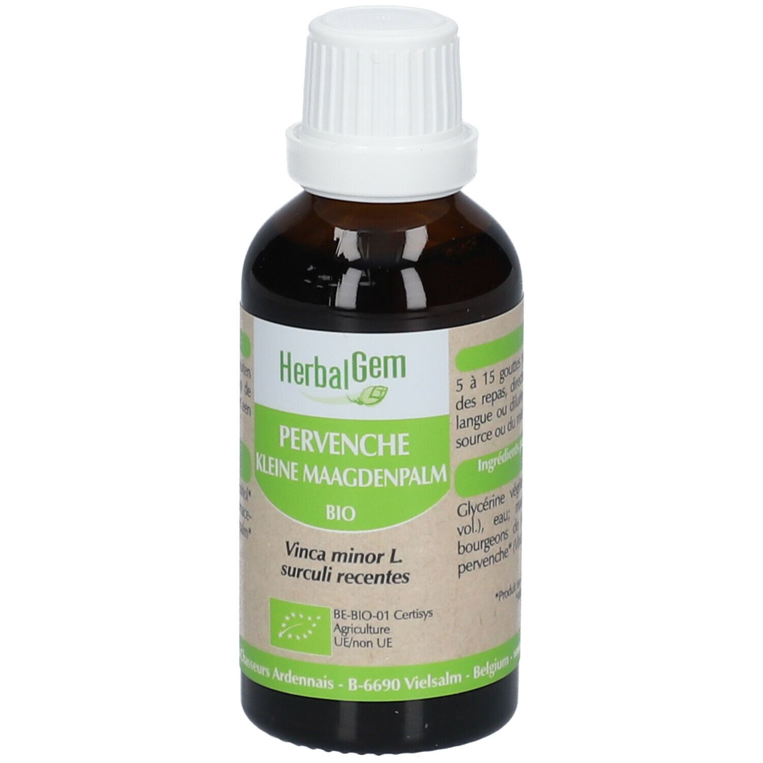 Flacon en verre brun avec bouchon blanc. Étiquette avec nom du produit et label bio. HerbalGem Pervenche Bio.