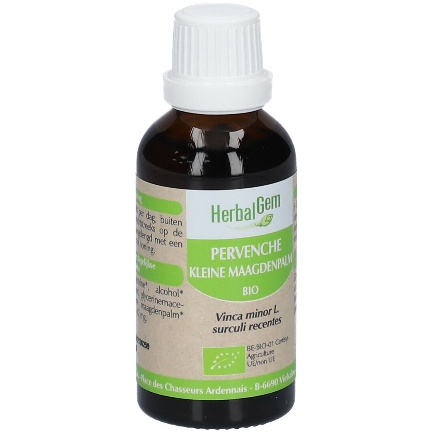 Flacon en verre brun avec bouchon blanc. Étiquette avec nom du produit et label bio. HerbalGem Pervenche Bio.