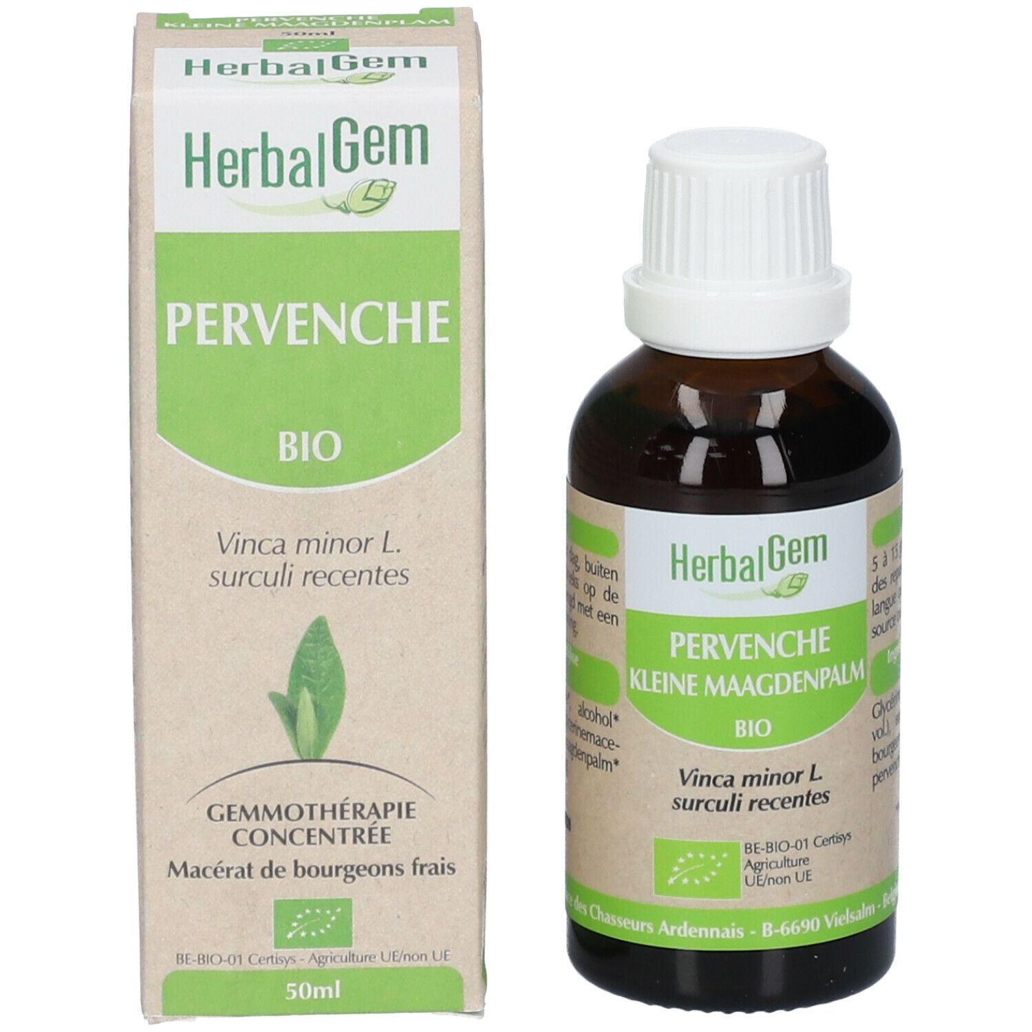 Flacon et emballage. Flacon avec bouchon blanc, étiquette. Boîte avec nom du produit et logo. HerbalGem Pervenche Bio.