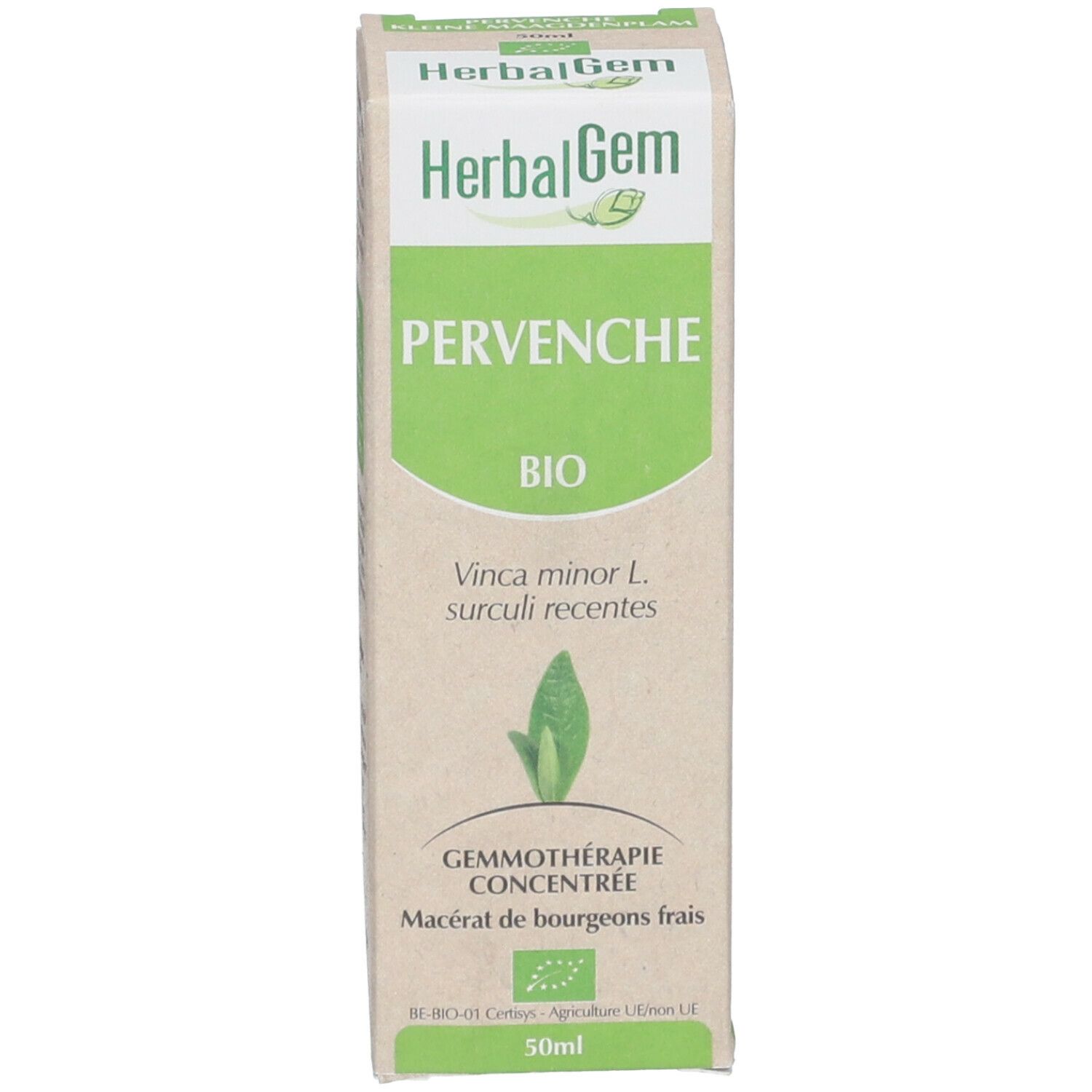Emballage du produit. Boîte avec nom du produit et logo. HerbalGem Pervenche Bio. Certification bio et informations.