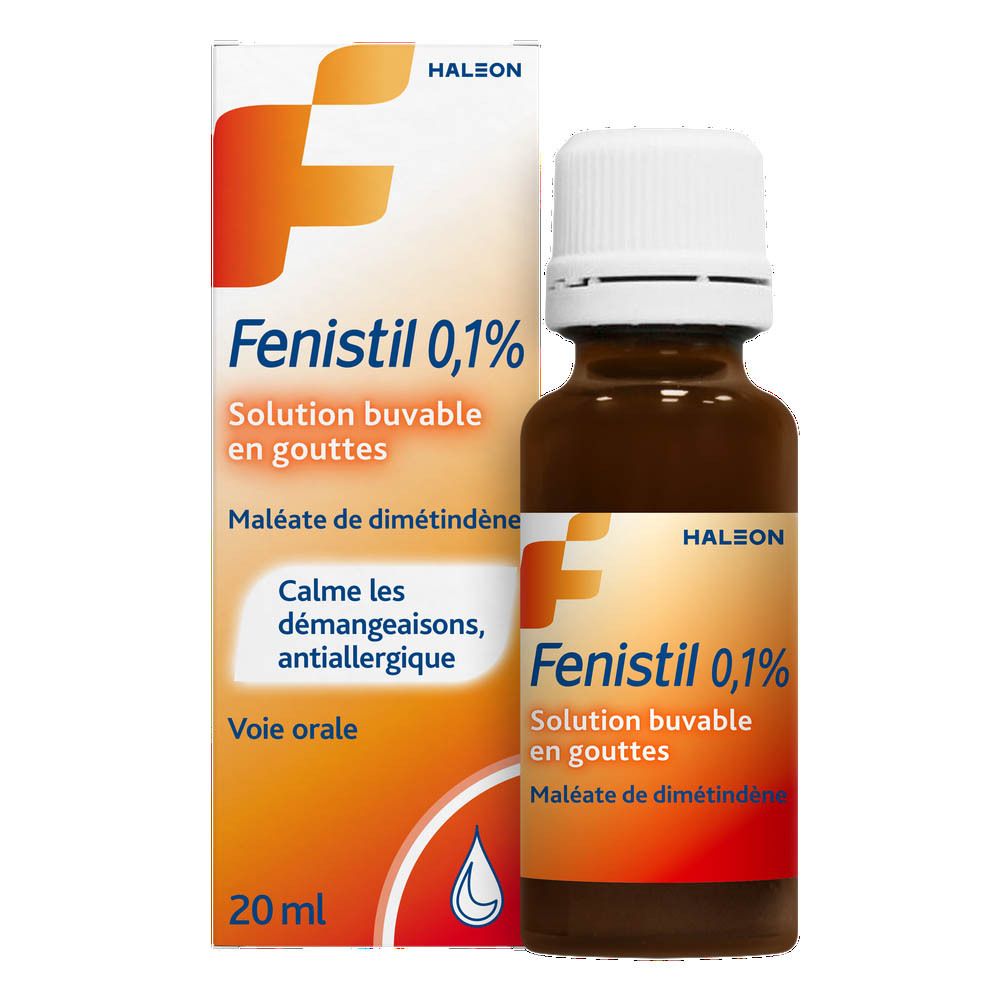 Boîte et flacon. Boîte avec Fenistil 0,1%. Flacon avec bouchon blanc et étiquette.