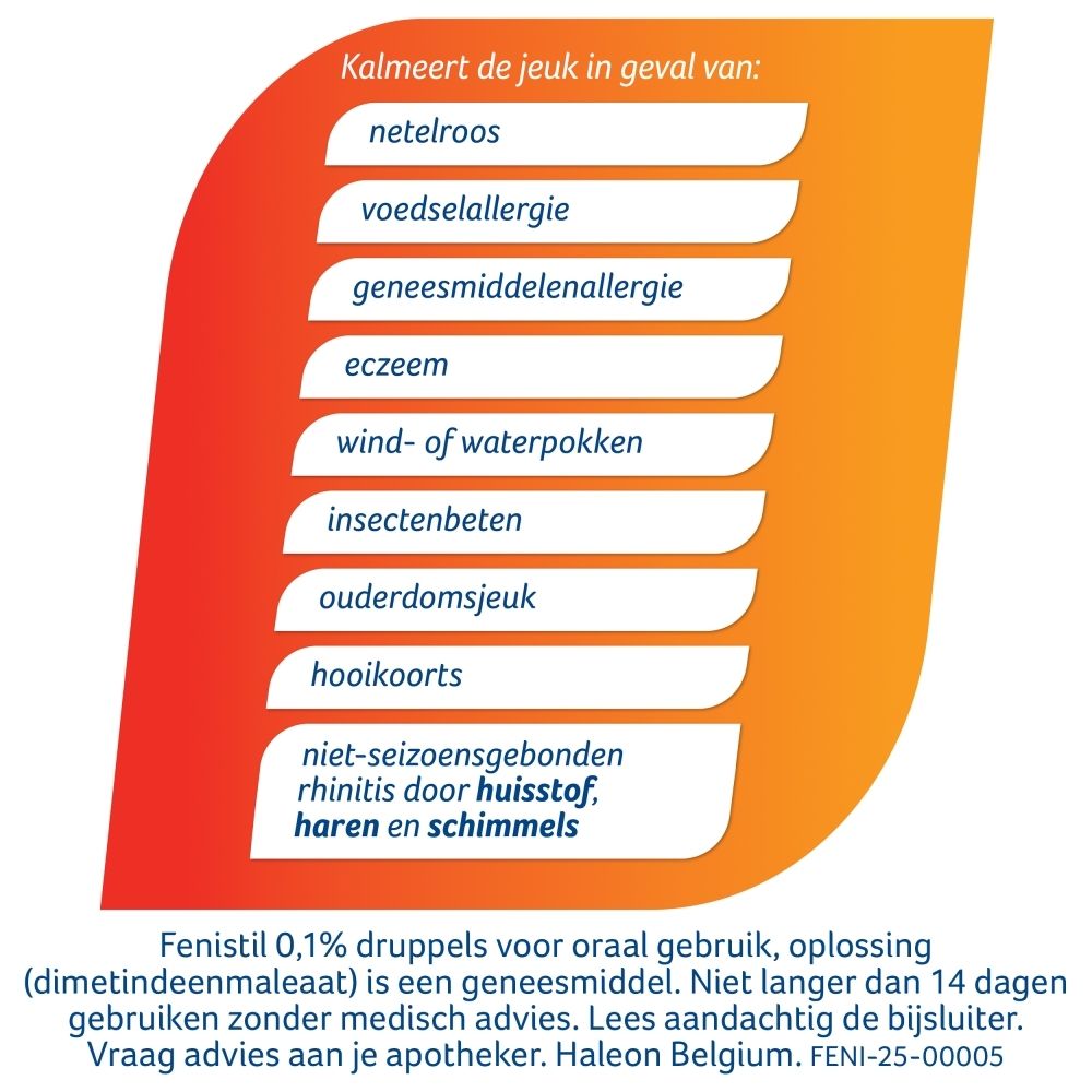 Fenistil 0,1% druppels voor oraal gebruik. Verlicht jeuk bij allergische reacties.