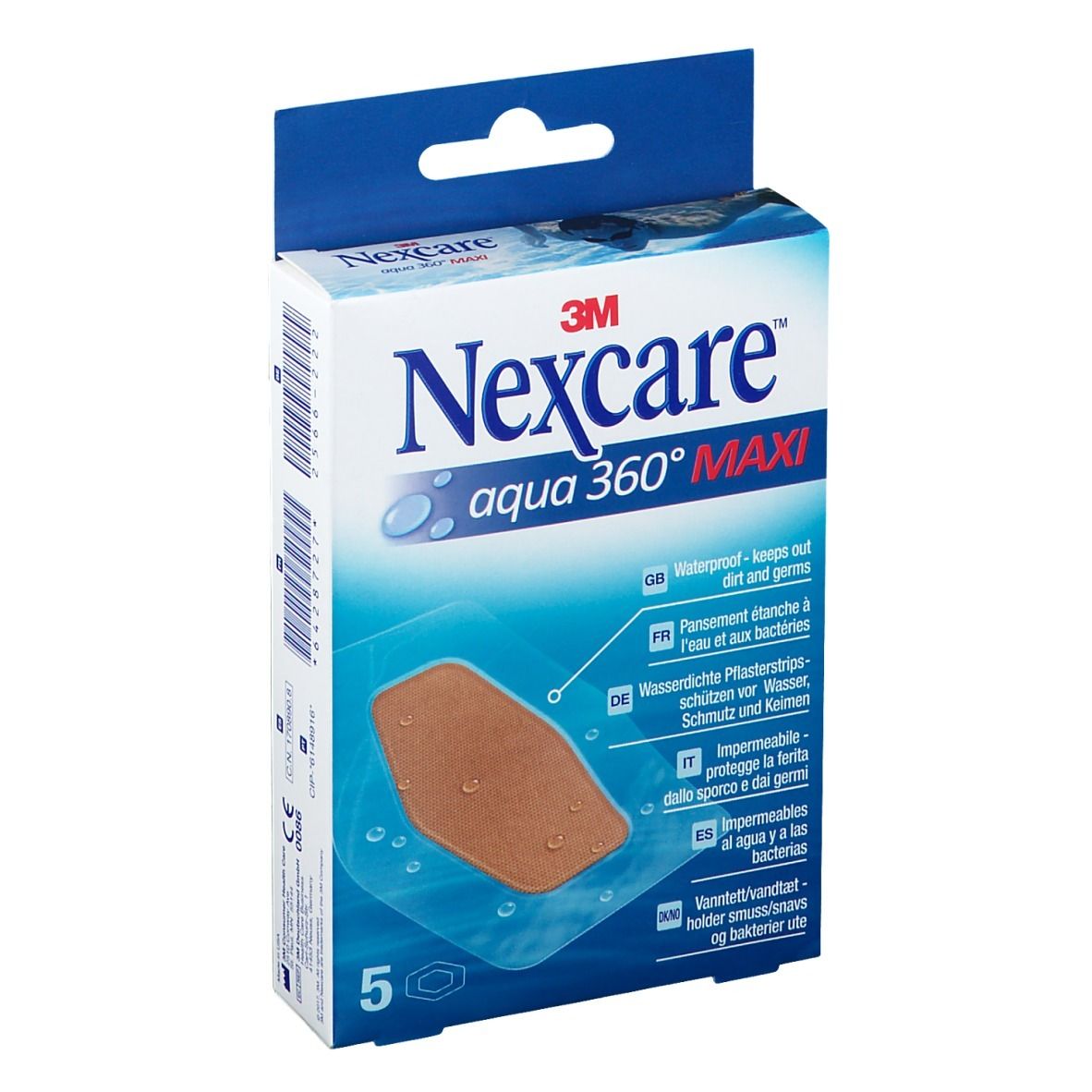 Boîte Nexcare Aqua 360° MAXI. Contient 5 pansements. Pansement brun visible. Emballage bleu et blanc avec nom et logo du produit.