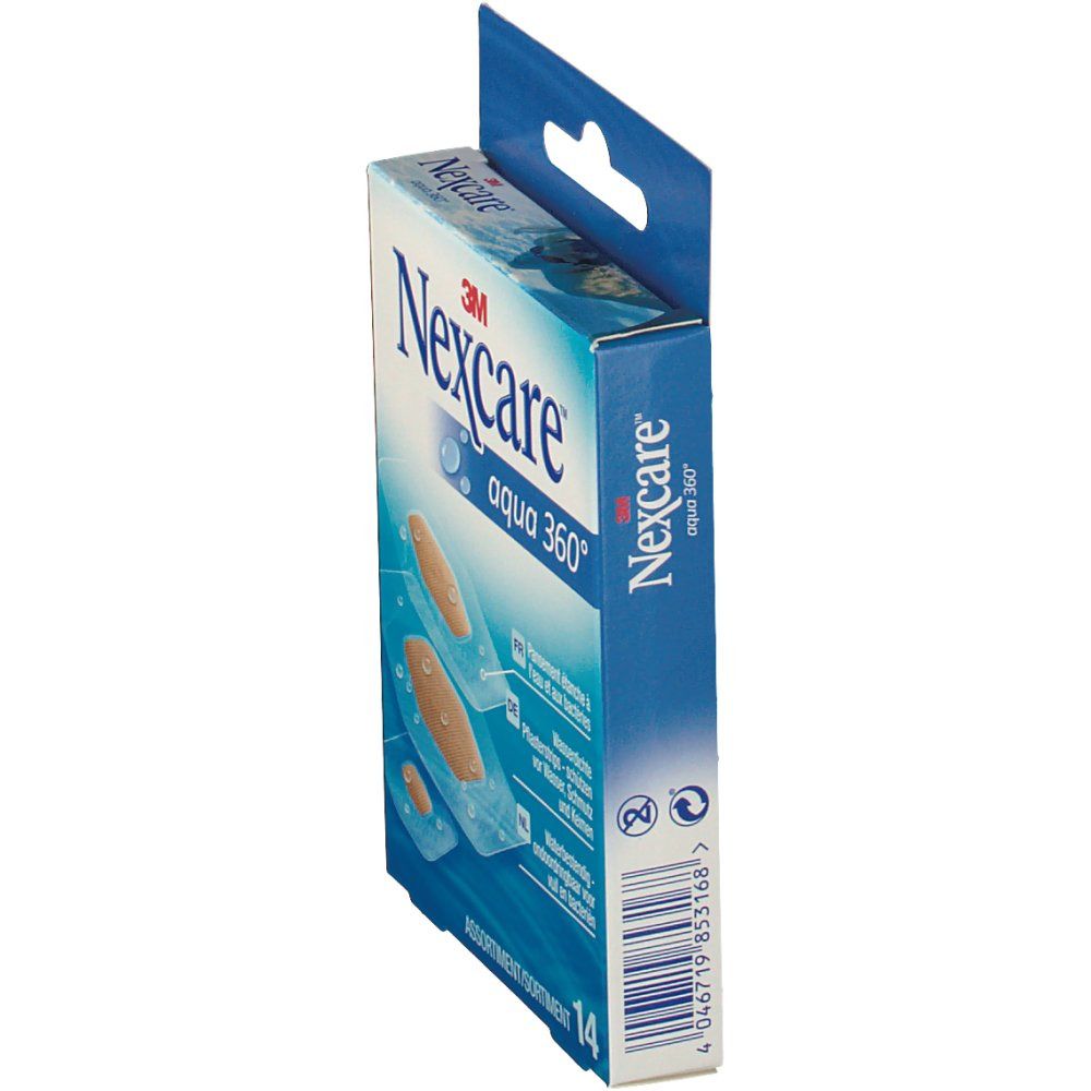 Boîte de pansements Nexcare Aqua 360°. Boîte bleue et blanche avec nom du produit et illustration des pansements. 14 pièces.