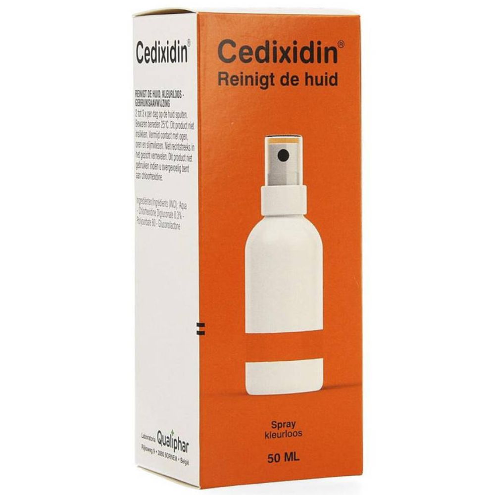 Doos Cedixidin. Oranje achtergrond. Witte sprayfles. Tekst: Reinigt de huid, Spray kleurloos, 50 ml.
