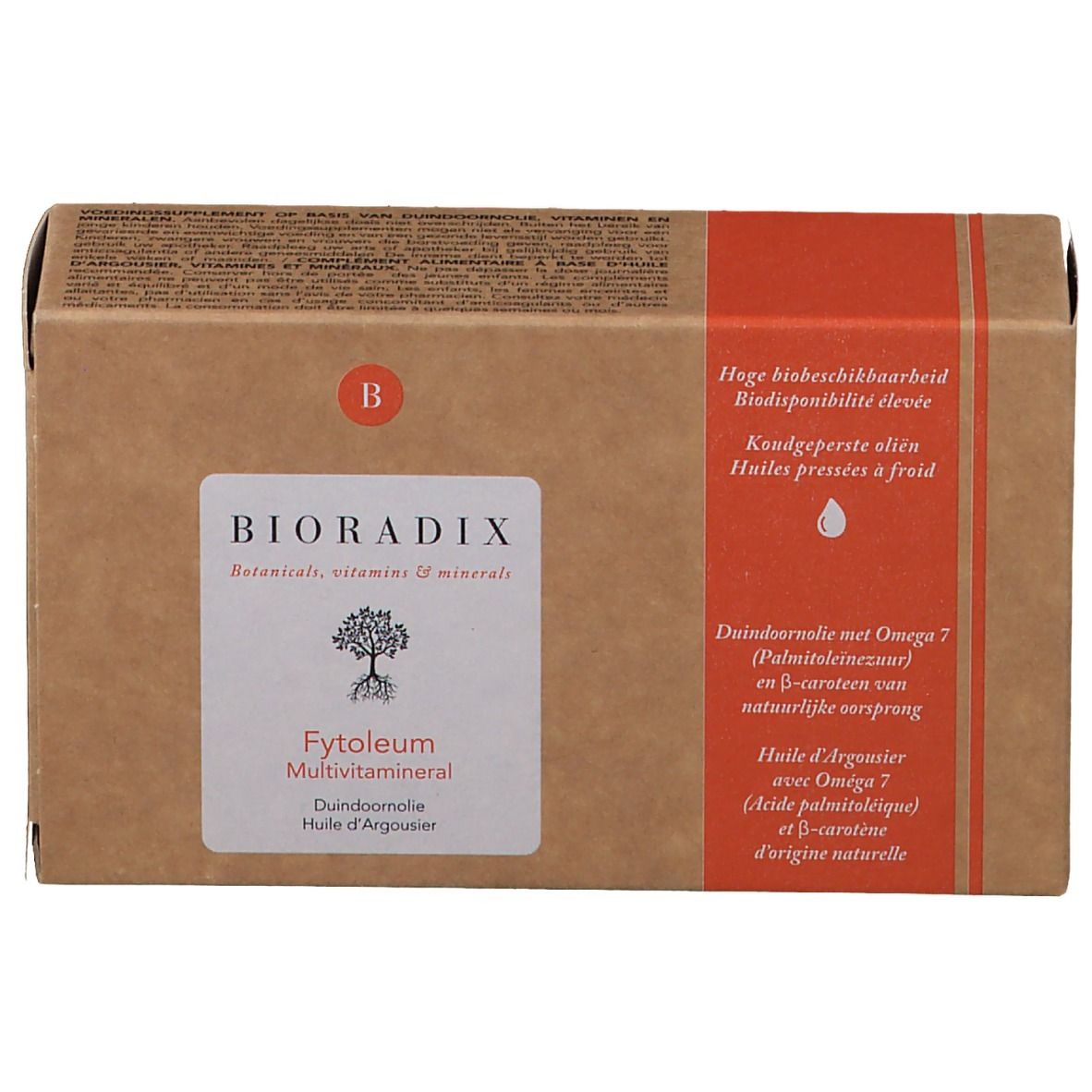 Boîte en carton avec informations produit. Inscription: Bioradix, Fytoleum Multivitamineral, Dundoornolie Huile d'Argousier. Bande rouge.
