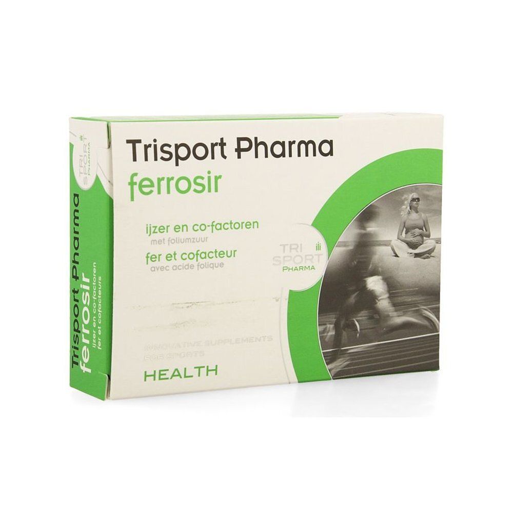 Groene en witte doos met tekst. Opschrift: Trisport Pharma, ferrosir, ijzer en cofactoren, met foliumzuur. Afbeelding van een persoon.