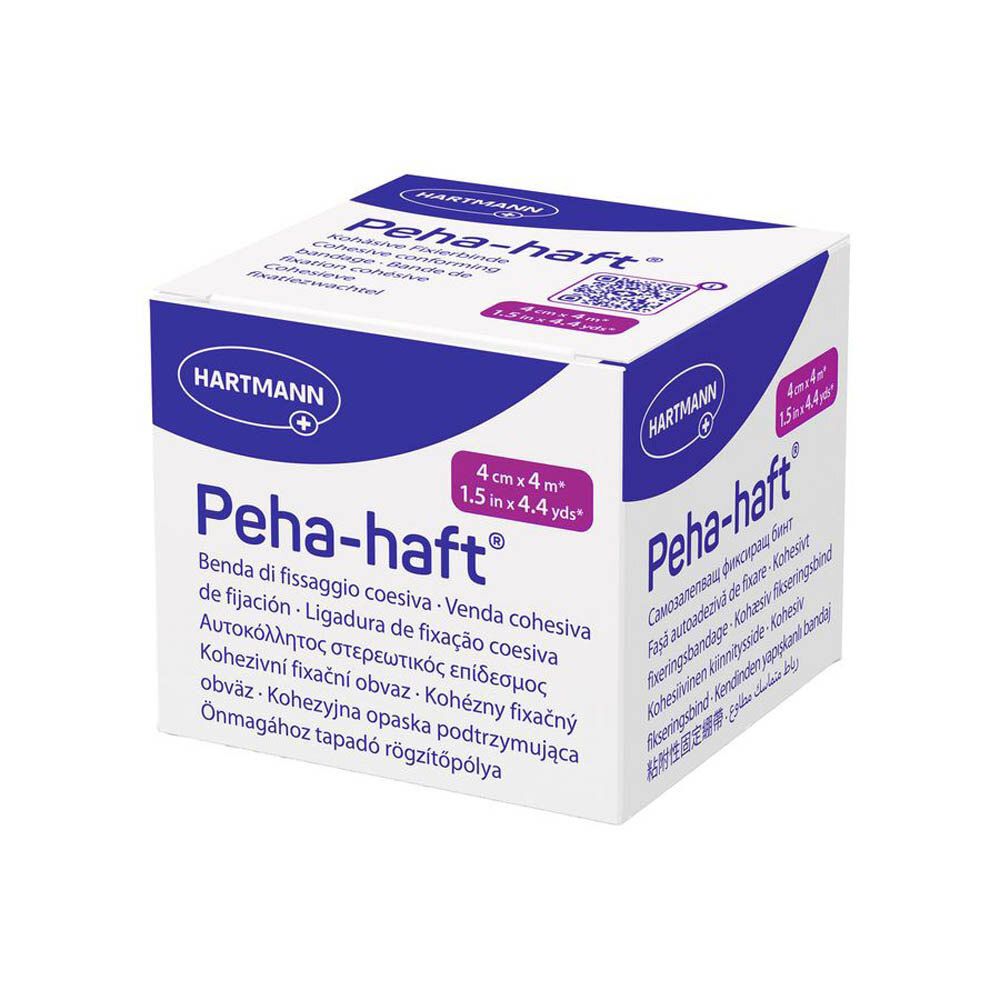 Boîte Peha-haft. 4 cm x 4 m. Bande de fixation cohésive. Emballage bleu et blanc avec nom et logo du produit.