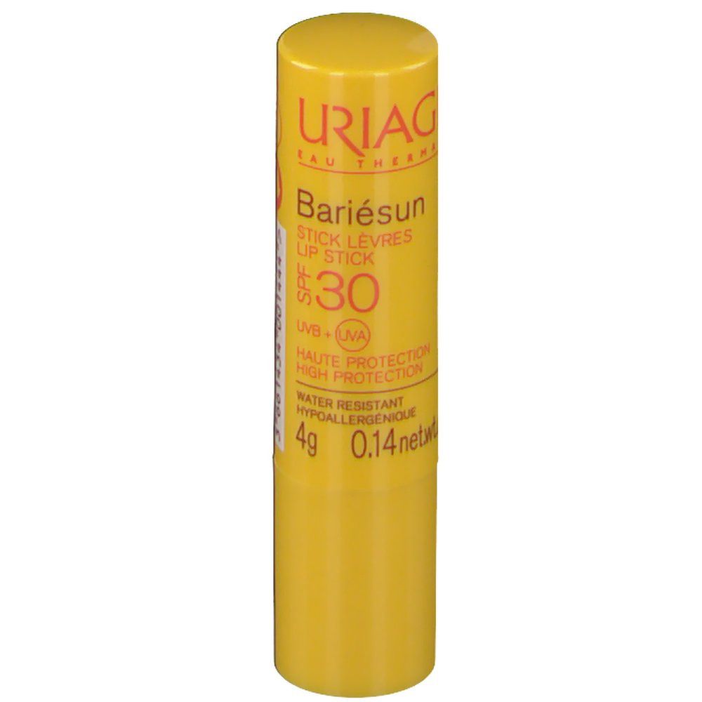 Stick à lèvres jaune avec 'Bariésun'. Contient SPF 30. Résistant à l'eau.