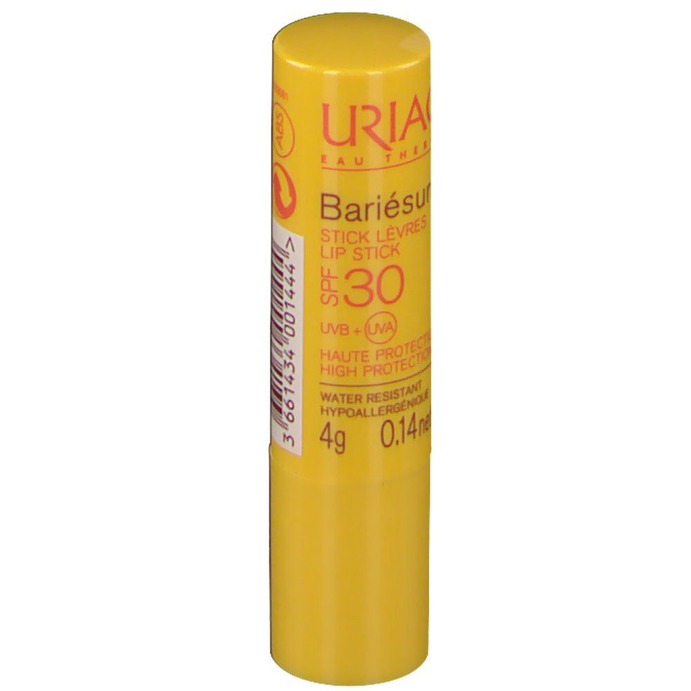 Stick à lèvres jaune avec 'Bariésun'. Contient SPF 30. Résistant à l'eau.