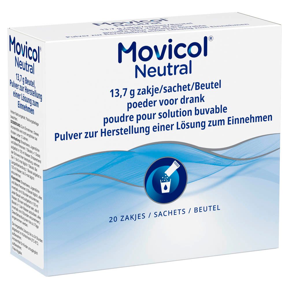 Boîte blanche Movicol Neutral. Texte multilingue. 20 sachets. Motif vagues.