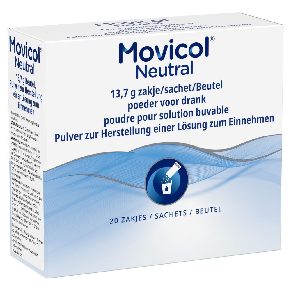 Witte doos "Movicol Neutral". Bevat 20 zakjes. Tekst in het Duits, Nederlands, Frans en Engels.