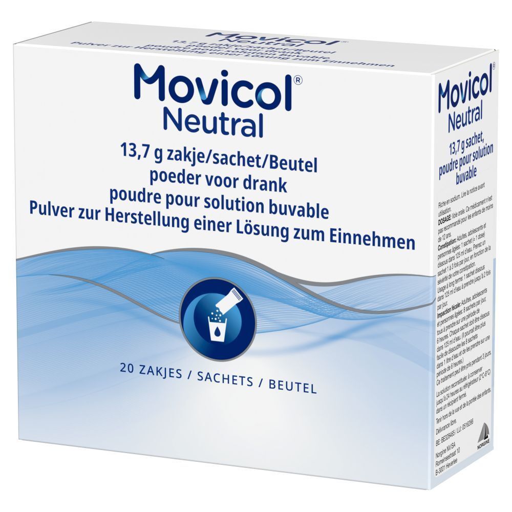 Boîte blanche "Movicol Neutral". Contient 20 sachets. Texte en allemand, néerlandais, français et anglais.