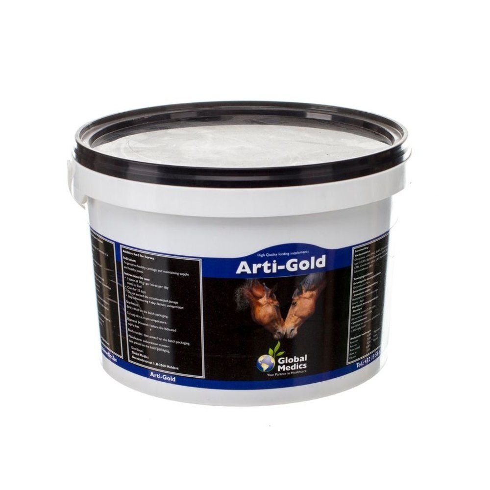 Global Medic Arti-Gold emmer met paardenhoofdillustratie en productinformatie.