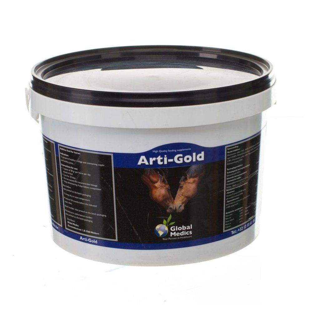 Achterkant van de Global Medic Arti-Gold emmer met gedetailleerde gebruiksinstructies en ingrediënten.