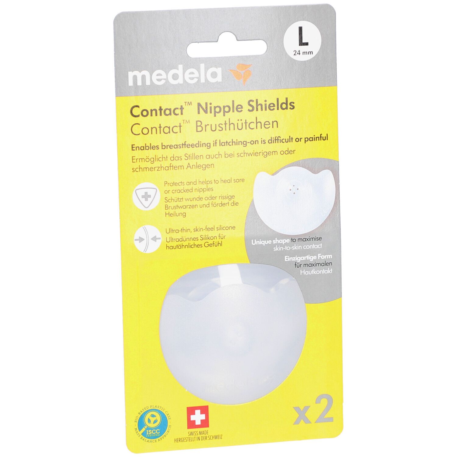 Verpakking Medela Contact tepelbeschermers, maat L, 24 mm. Gele verpakking met productafbeelding en twee tepelbeschermers.