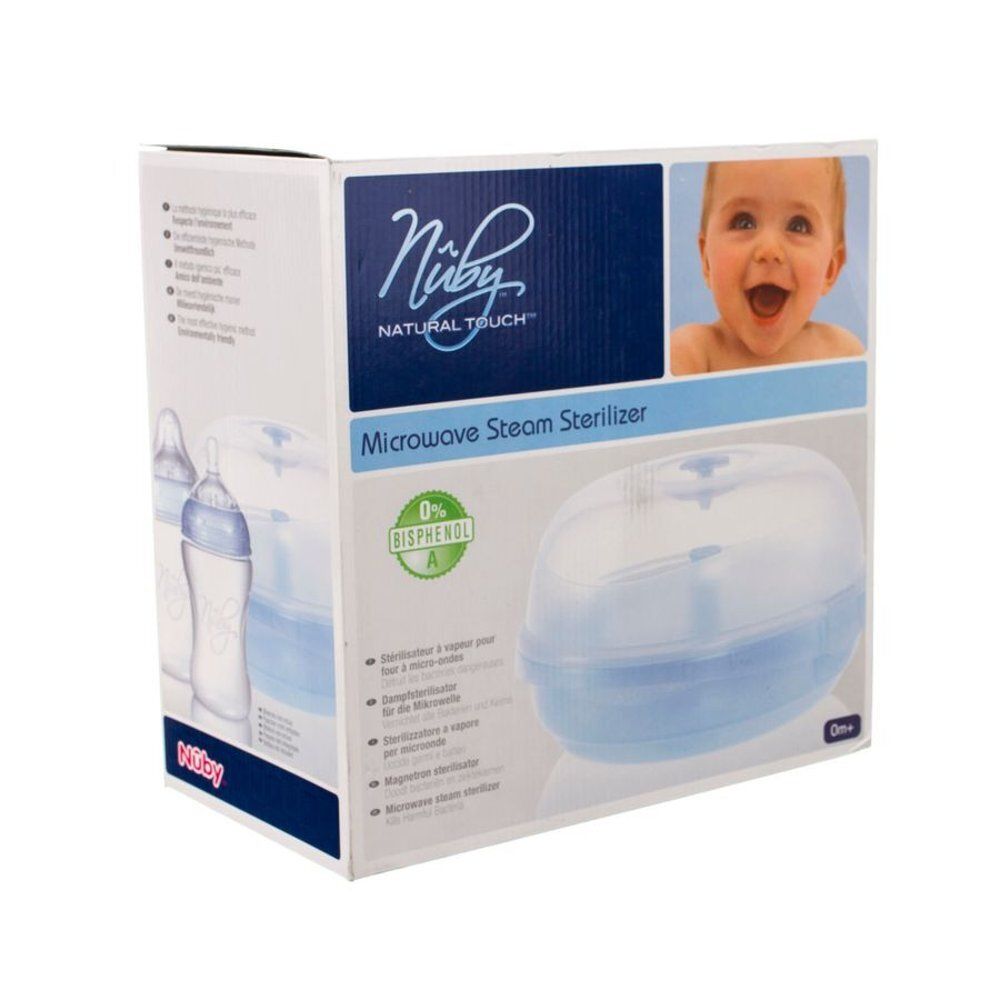 Emballage du stérilisateur vapeur micro-ondes Nuby. Contient une photo de bébé et une image du produit. Avec indication 0% BPA.