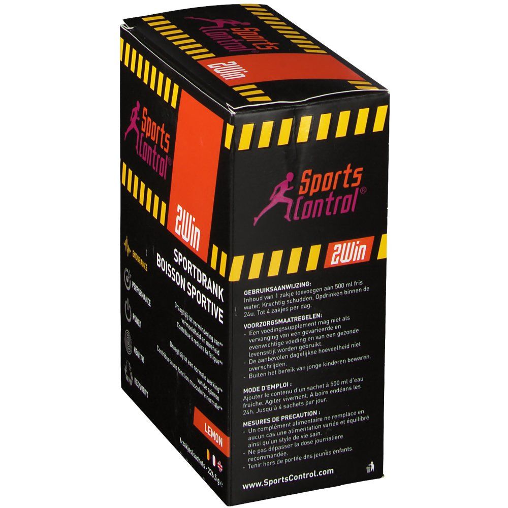 Boîte Sportscontrol 2Win Lemon. Fond noir, rayures jaunes. Texte : Sportdrank, Boisson sportive. Mode d'emploi et précautions.