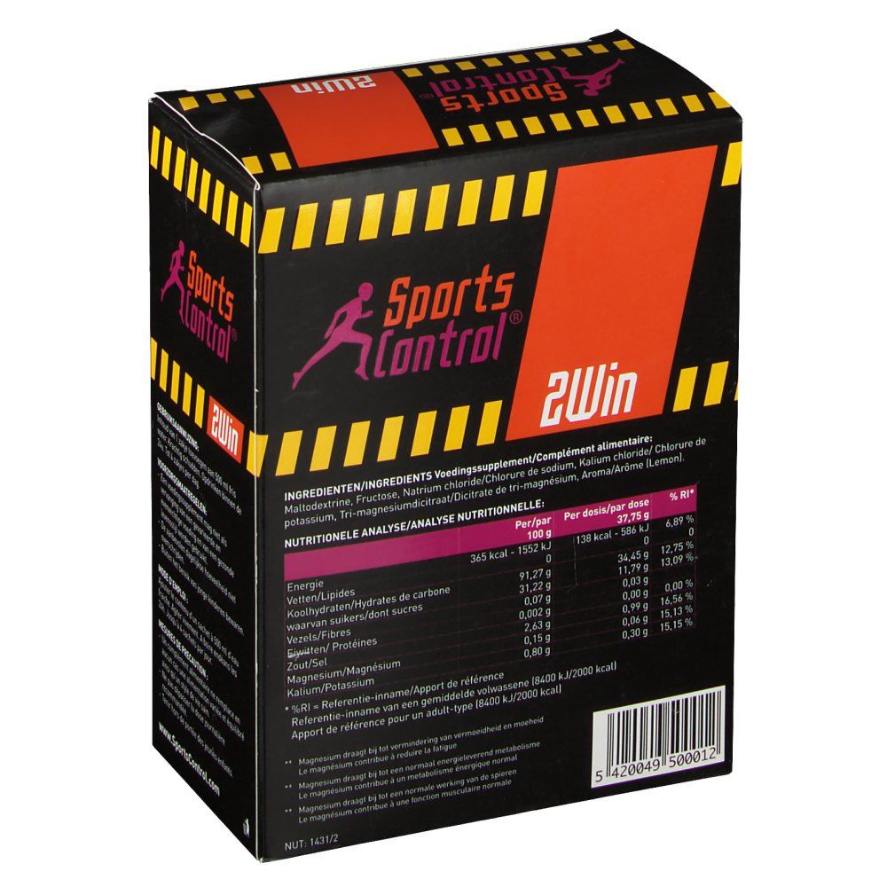 Dos de la boîte Sportscontrol 2Win Lemon. Fond noir. Texte : Ingrédients, analyse nutritionnelle. Tableau nutritionnel.