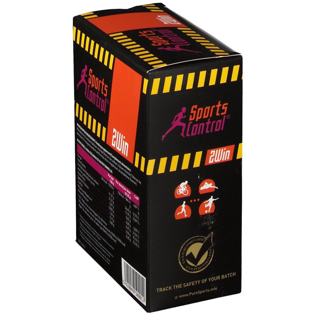 Boîte Sportscontrol 2Win Lemon. Fond noir, rayures jaunes. Texte : Suivez la sécurité de votre lot. Logos.
