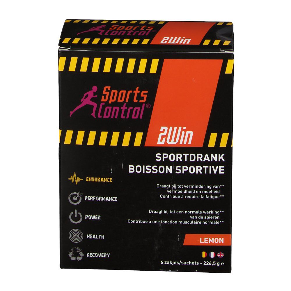 Boîte Sportscontrol 2Win Lemon. Fond noir avec rayures jaunes. Texte : Sportdrank, Boisson sportive. 6 sachets.