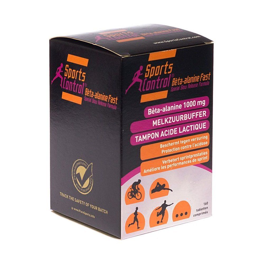 Zwarte verpakking met productnaam en logo's. Bevat informatie over bèta-alanine, 1000 mg, en sportactiviteiten.
