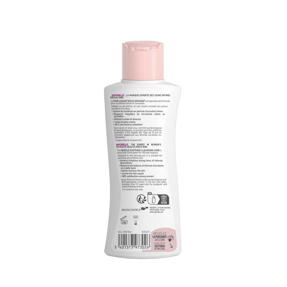 Arrière d'une bouteille Saforelle Solution Lavante avec ingrédients et instructions.