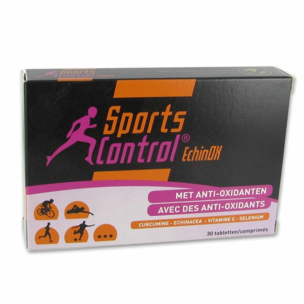 Boîte noire avec logo "Sports Control Echinox". Contient 30 comprimés. Texte : "Met anti-oxidanten", "Avec des anti-oxydants".