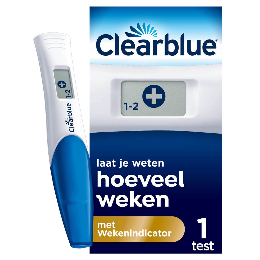 Clearblue Digital zwangerschapstest met wekenindicator. Wit-blauw design, display.