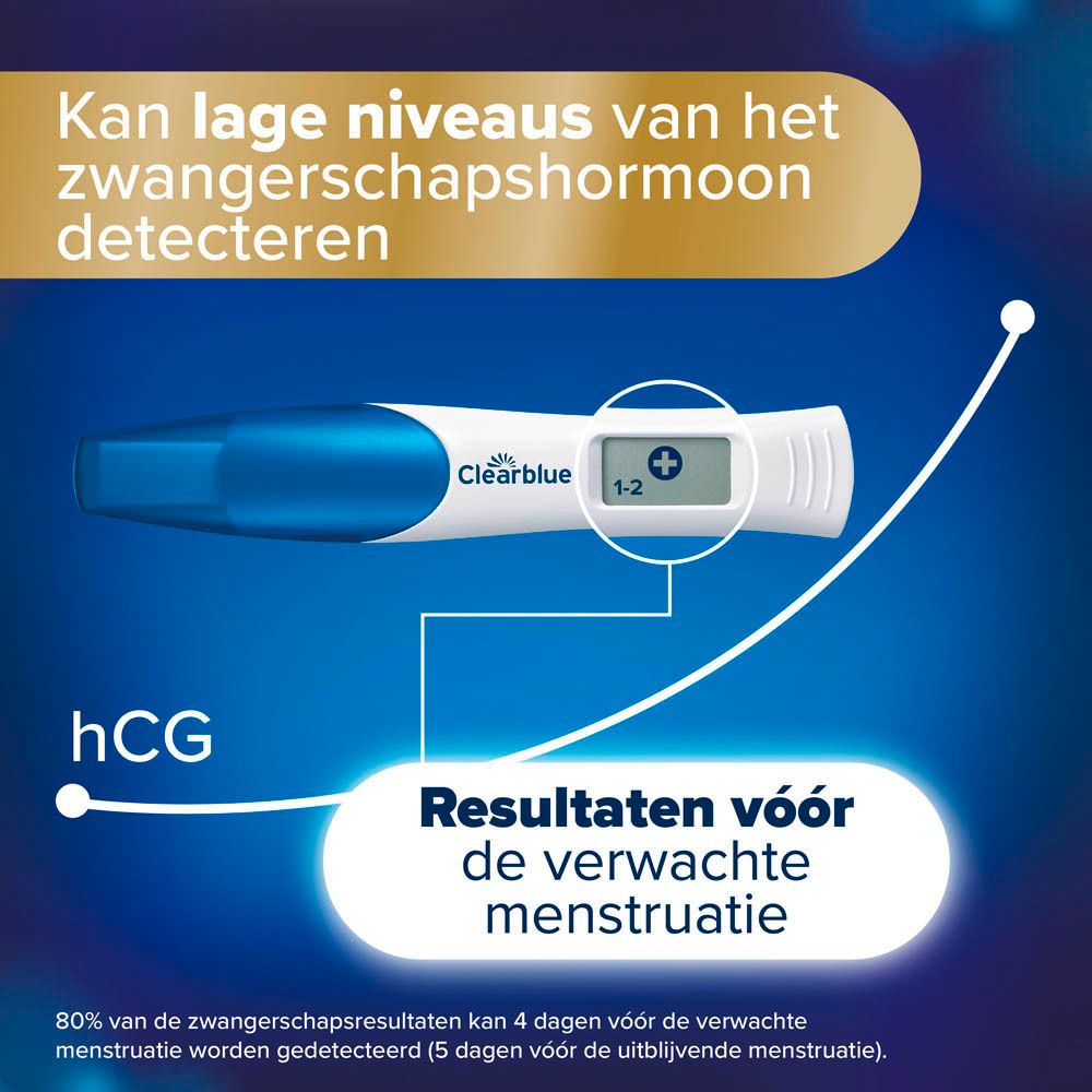 Clearblue Digital zwangerschapstest. Detecteert lage hCG-waarden. Resultaten vóór menstruatie.