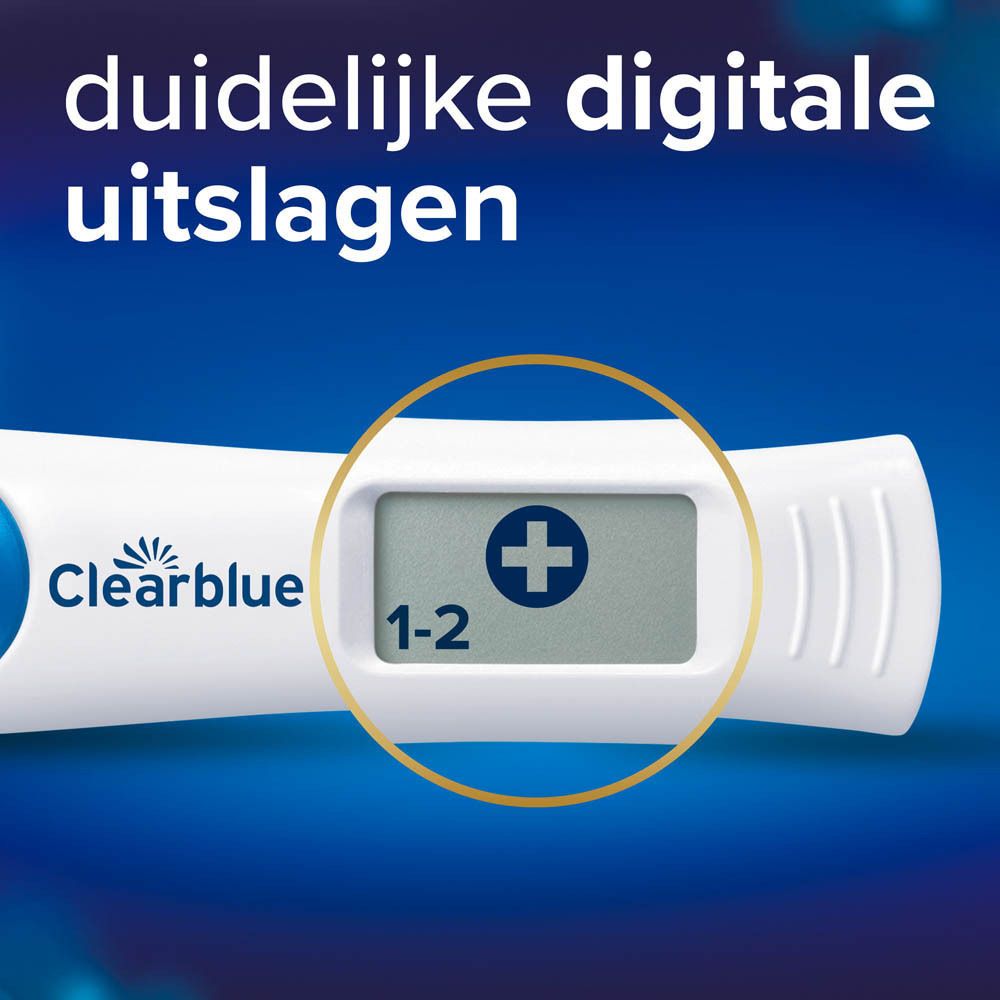 Close-up van het Clearblue Digital display. Toont een plus-teken en wekenindicator.