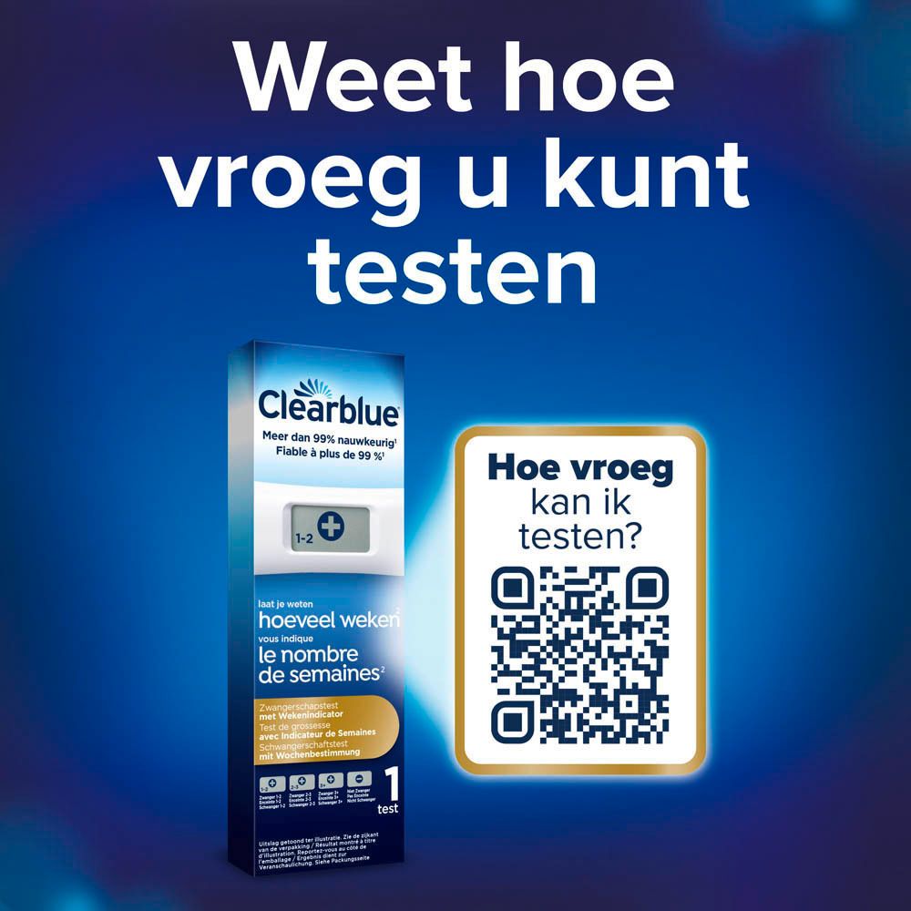 Clearblue Digital zwangerschapstest en verpakking. QR-code voor informatie.