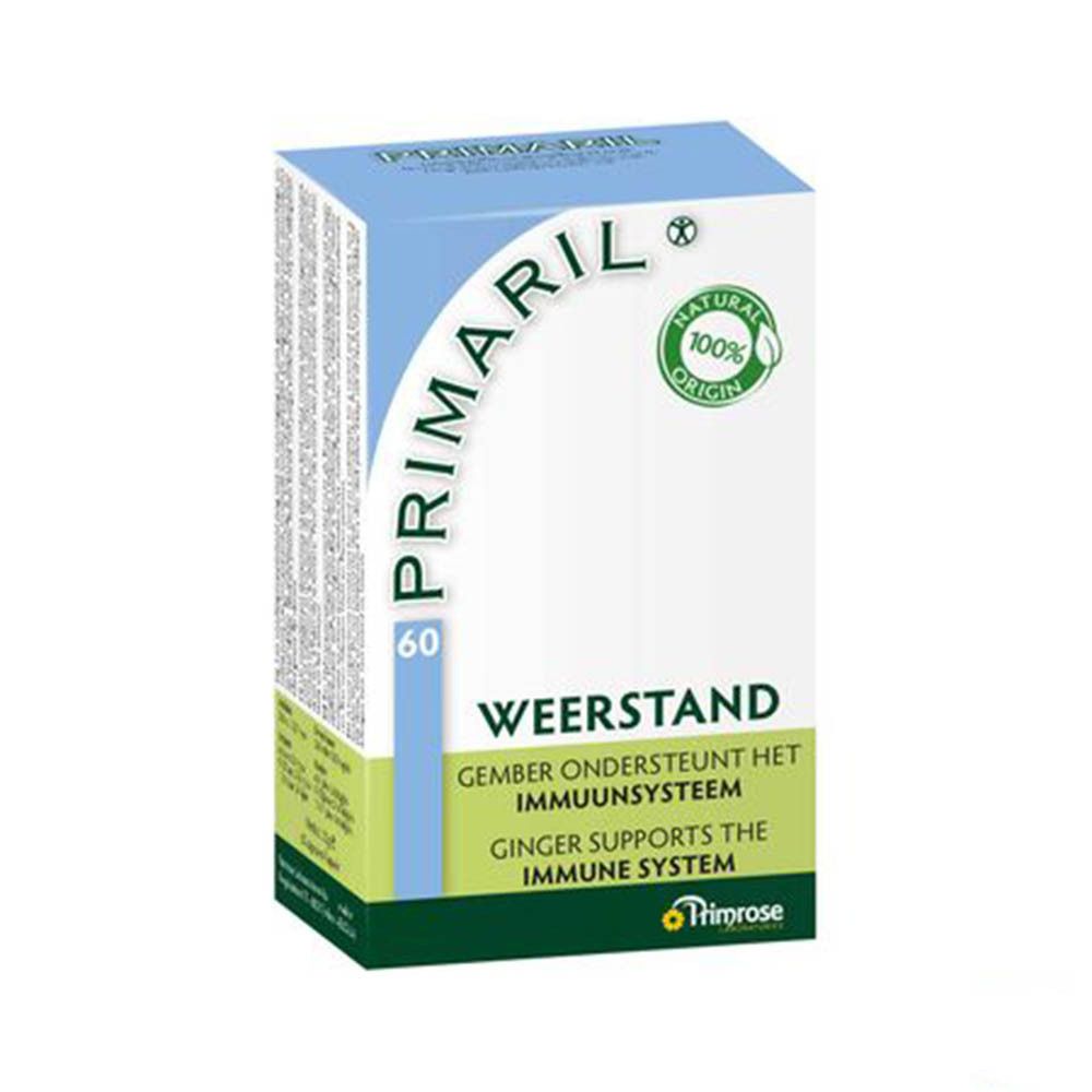 Doos PRIMARIL met 60 capsules. Opschrift: WEERSTAND, gember ondersteunt het immuunsysteem. Logo: 100% natuurlijke oorsprong.