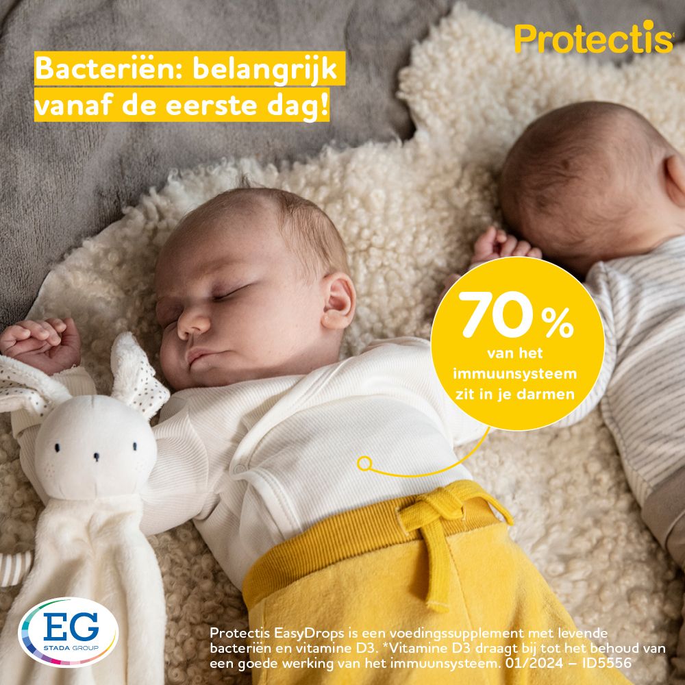Infographic met tekst en symbolen. Protectis EasyDrops. Voor baby's. 5 druppels per dag. EG-logo.
