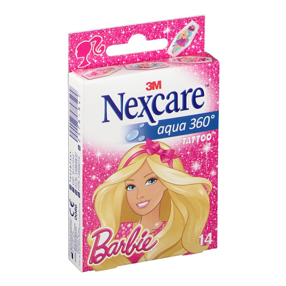 Boîte de pansements Nexcare Aqua 360 Tattoo Barbie. Contient 14 pansements. Illustration Barbie et logo Nexcare visibles.