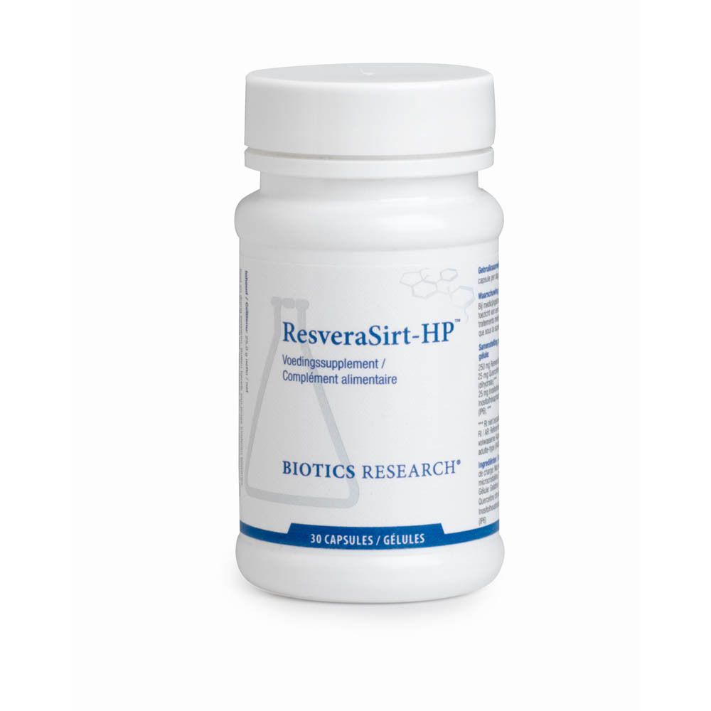 Witte plastic fles met schroefdop. Opschrift: ResveraSirt-HP, voedingssupplement, BIOTICS RESEARCH. 30 capsules.