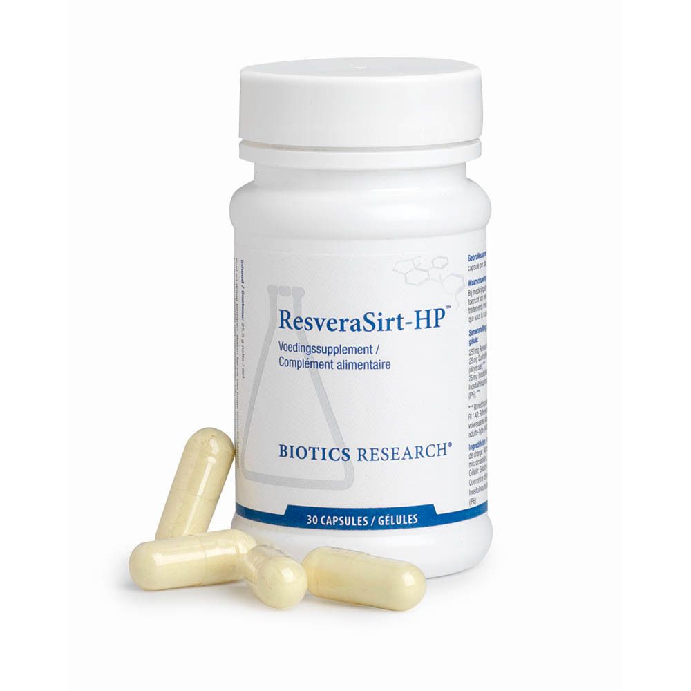 Witte fles met schroefdop en drie gele capsules. Opschrift: ResveraSirt-HP, BIOTICS RESEARCH. 30 capsules.