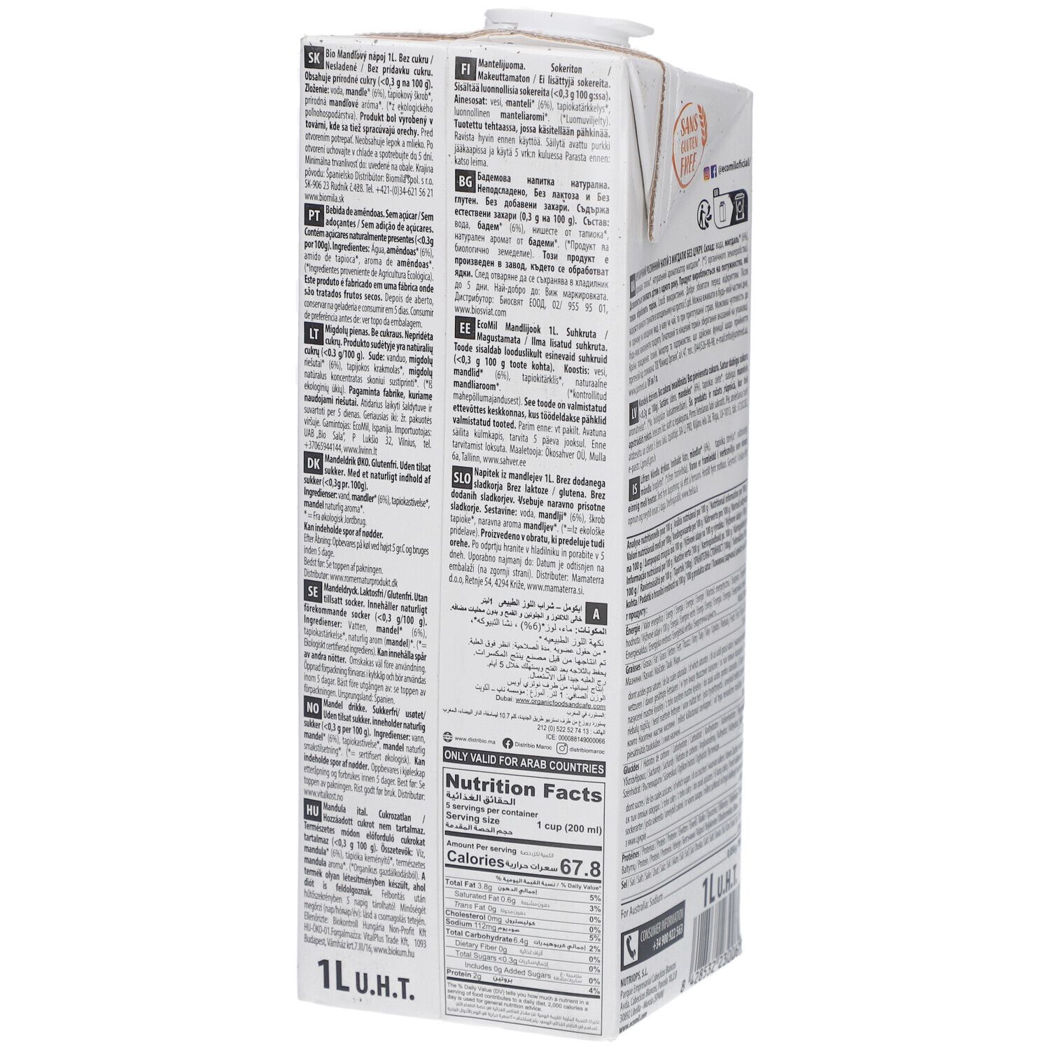 Zijaanzicht van de Ecomil Almond verpakking. Tekst in verschillende talen. Opschrift 1L. Voedingswaarde.