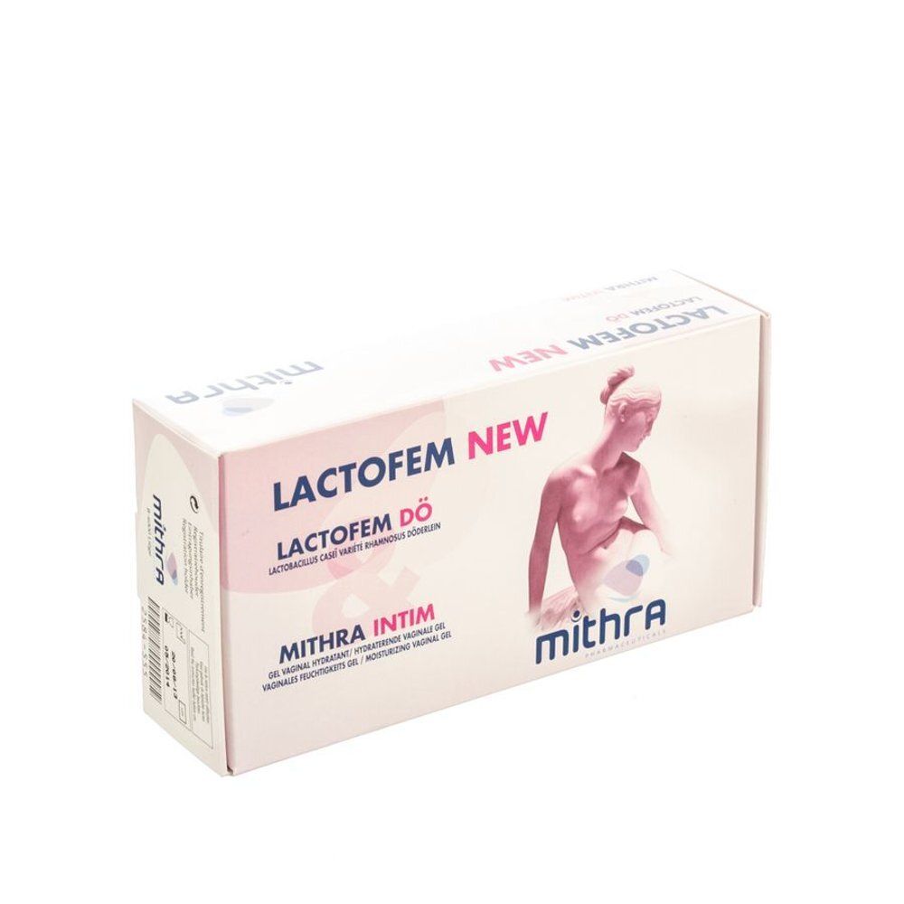 Verpakking van Lactofem DÖ. Opschrift: Lactofem New, Mithra Intim. Illustratie van een vrouw. Witte doos met roze accenten.
