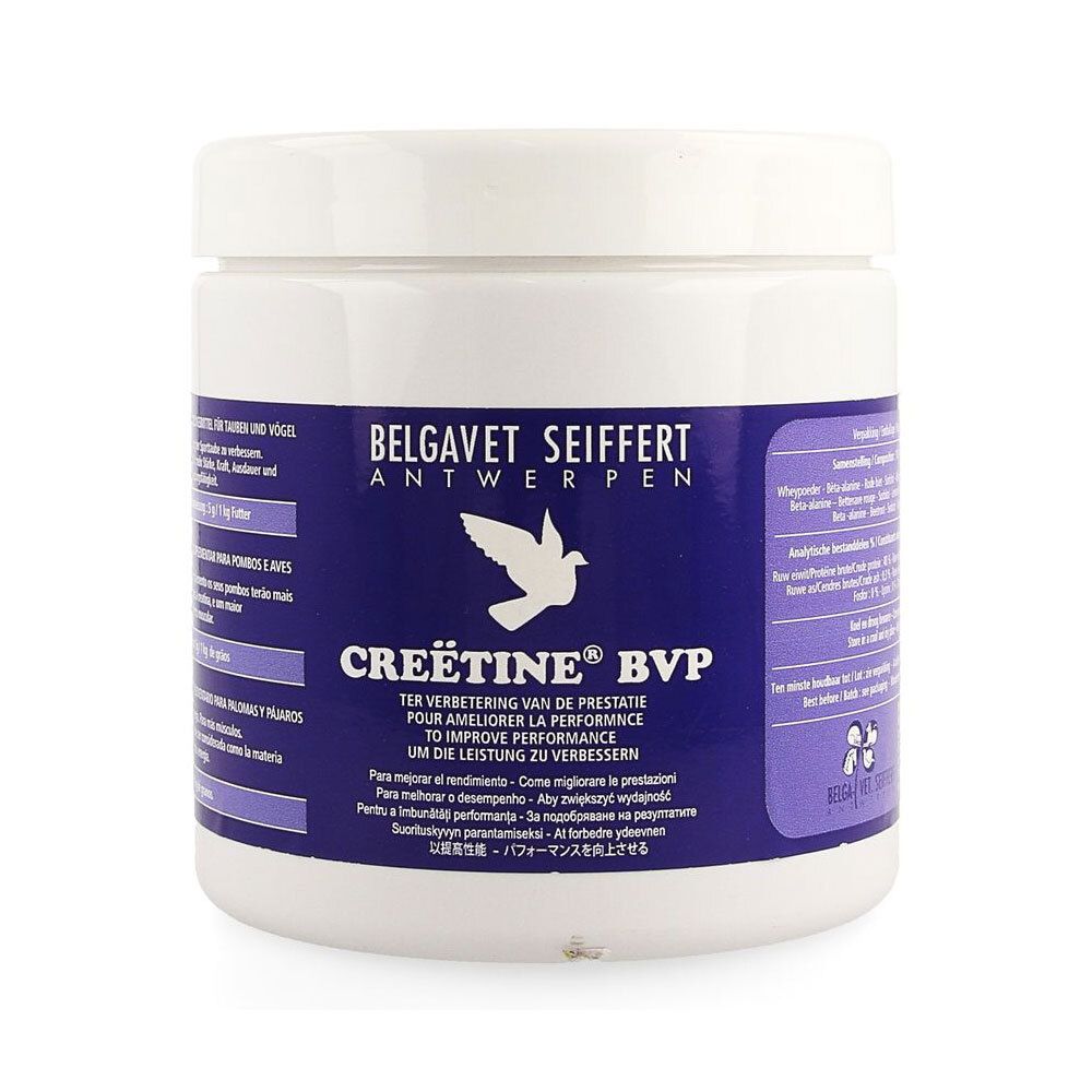 Pot blanc avec étiquette bleue. Inscription : Belgavet Seiffert, Creëtine BVP. Image d'une colombe. Texte multilingue pour améliorer la performance.