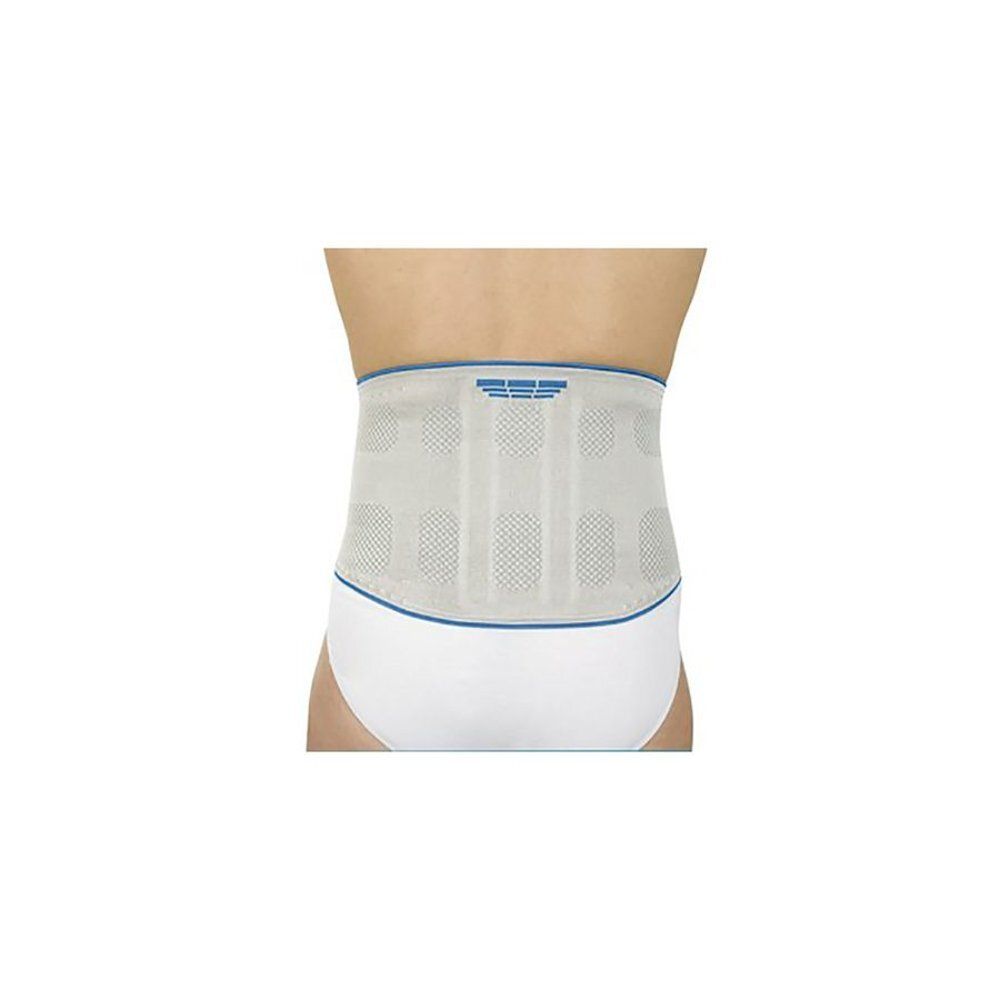 Grijze rugbrace met blauwe accenten, gedragen. Zichtbare structuur en design.