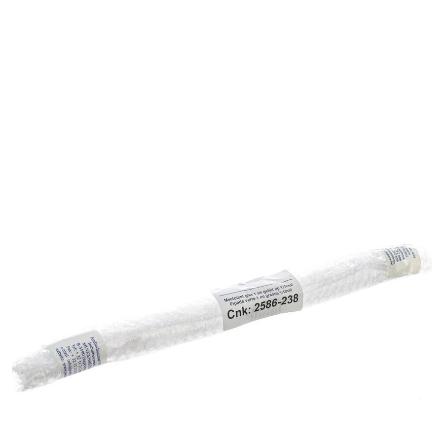Pipette en verre, emballée dans du plastique. Étiquette avec texte et numéro Cnk: 2586-238.