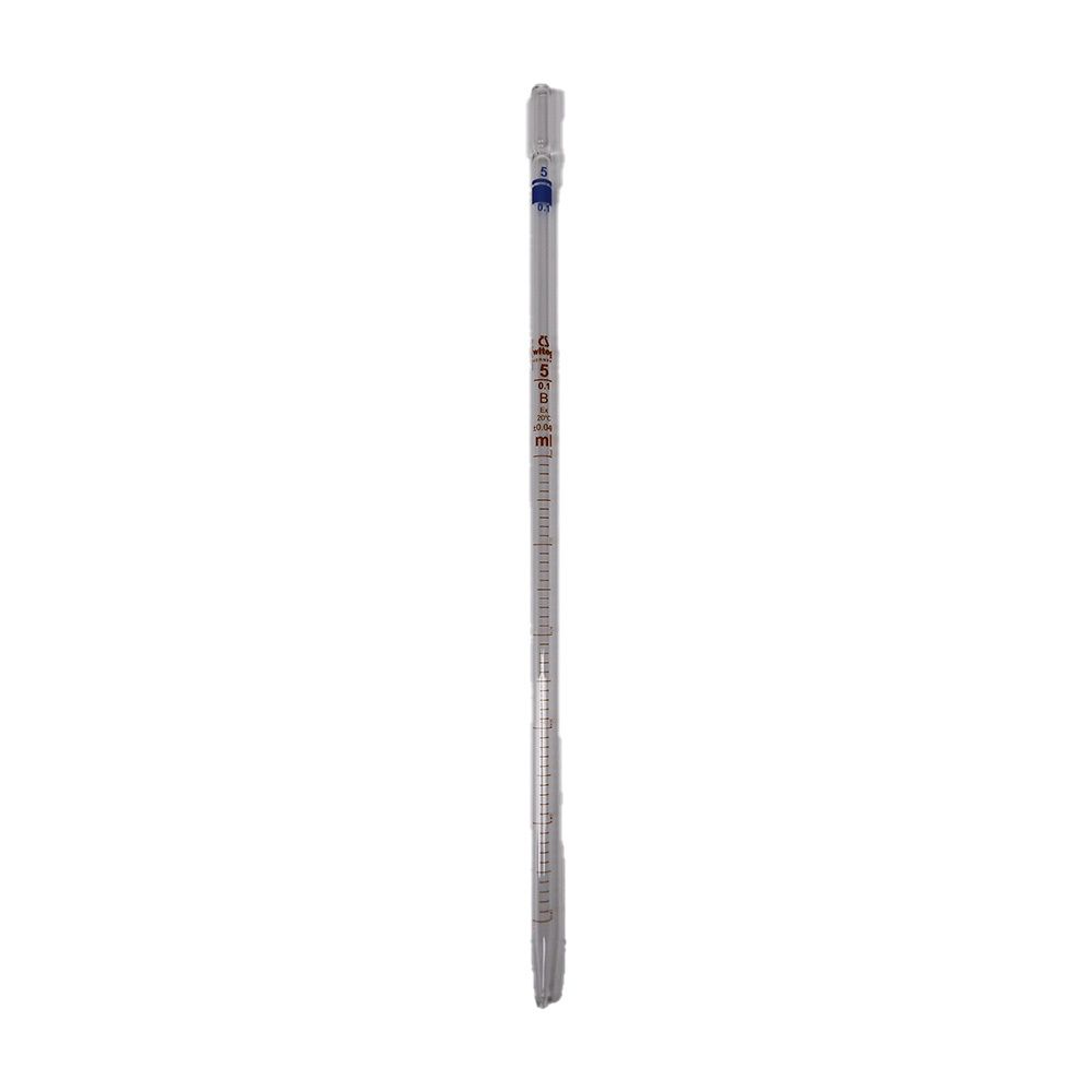 Glazen pipet met blauwe punt en schaalverdeling. 1/10 ml gradatie. Opschrift.