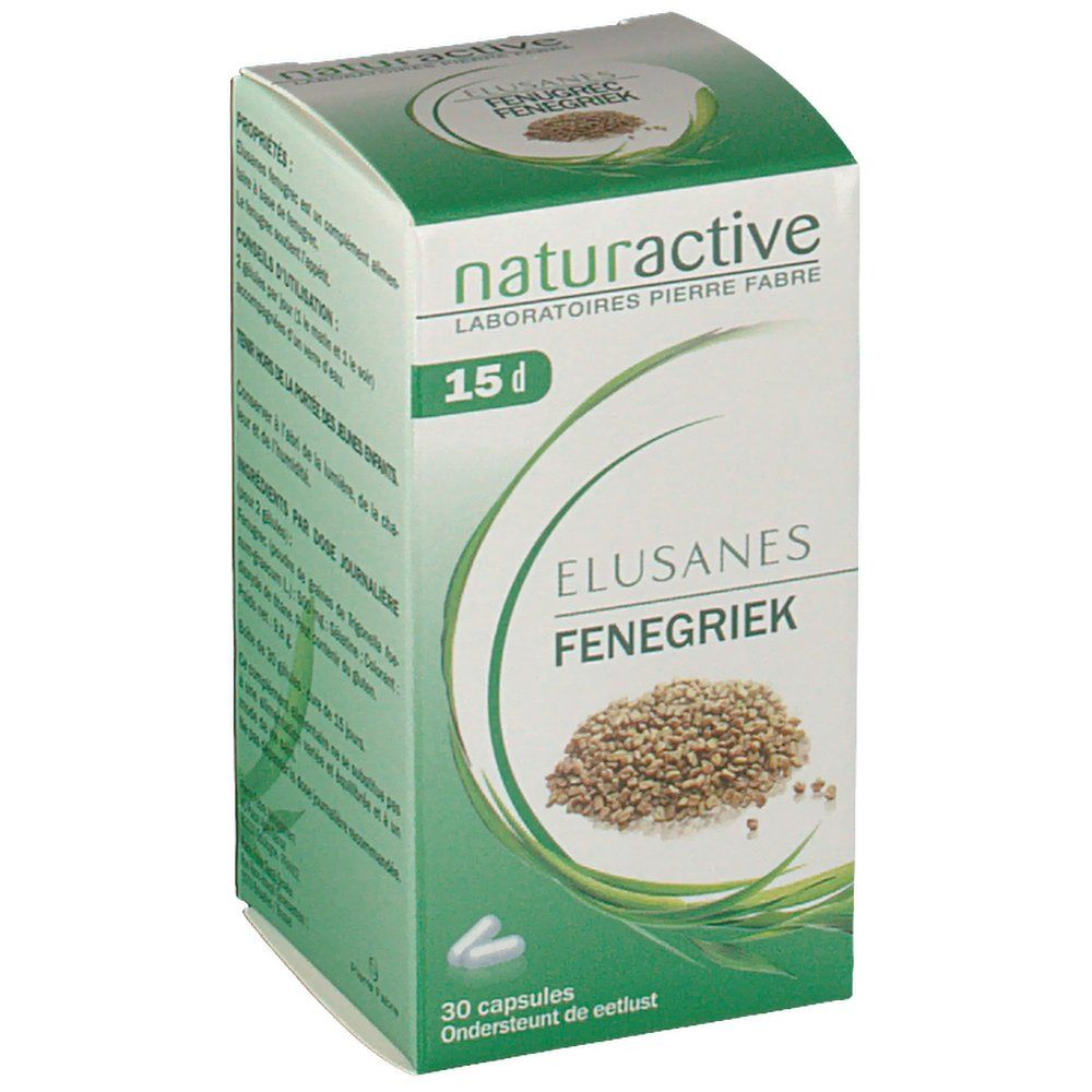 Doosje met capsules. Opschrift: naturactive, Elusanes Fenegriek, 15 d. Afbeelding van zaden. 30 capsules.